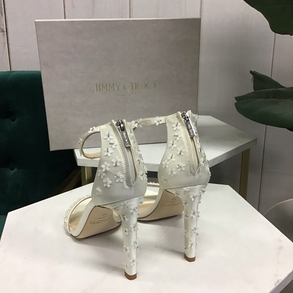 Jimmy Choo Delia Mini Flower Embellished Satin Heels 100mm - Picture 2 of 7